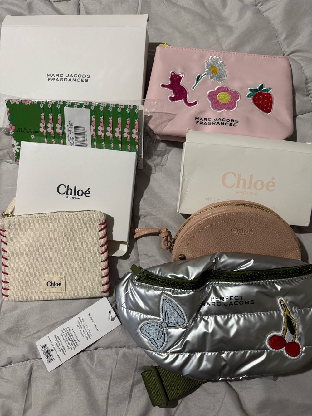 Marc Jacobs Silver Puffer Belt Bag with Cherry Patch